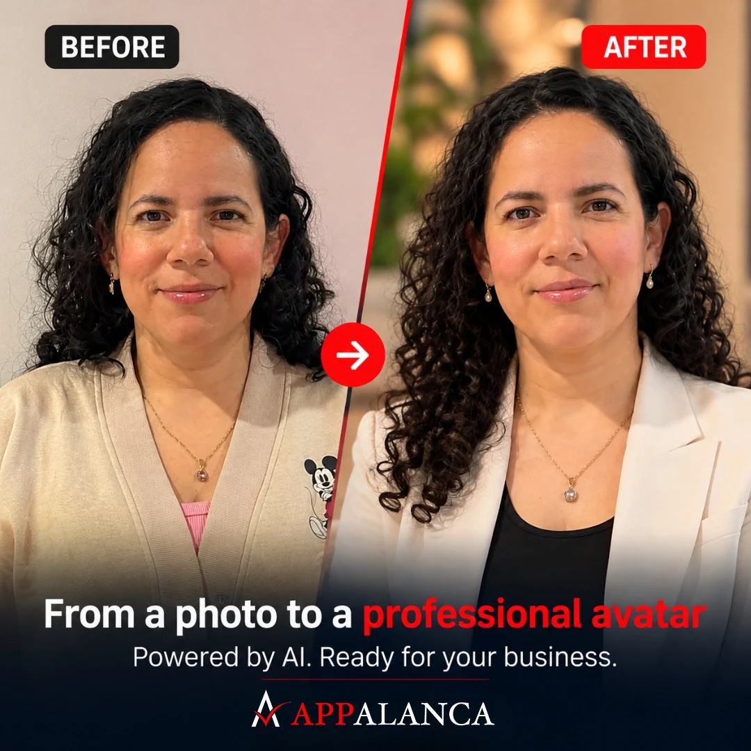 Before and after: a regular photo turned into a professional AI avatar, with the text "From a photo to a professional avatar"