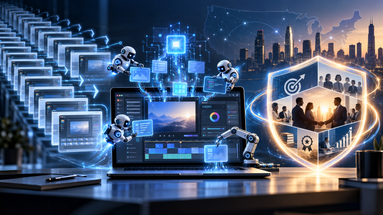 Laptop running video-editing software, small robots and a glowing shield over a U.S. map and city skyline, illustrating AI software cloning and brand protection